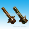 Factory Stock sell cross recessed hexagon bolts in galvanized with indentation,single coil lock washer and plain washer assembli